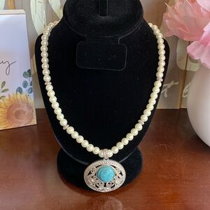 Imitation pearl,turquoise and cz stone adjustable necklace